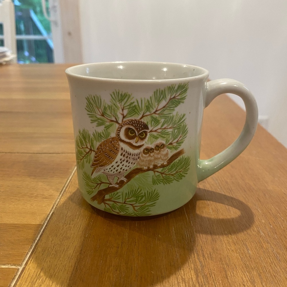 Vintage Ceramic Owl Mug Green and White